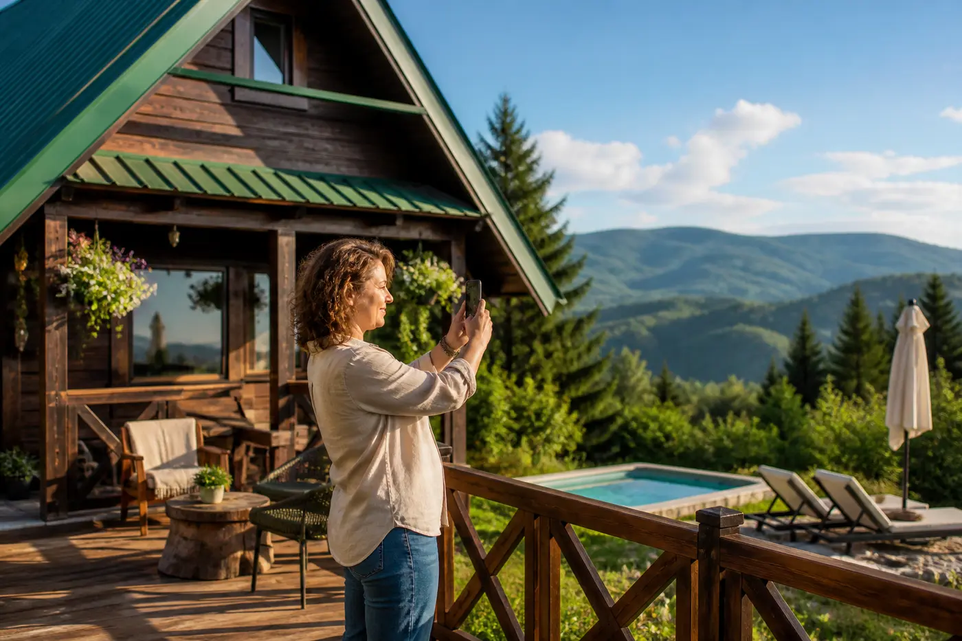 Vlasnik fotografiše vikendicu s terase — priprema slike za oglas